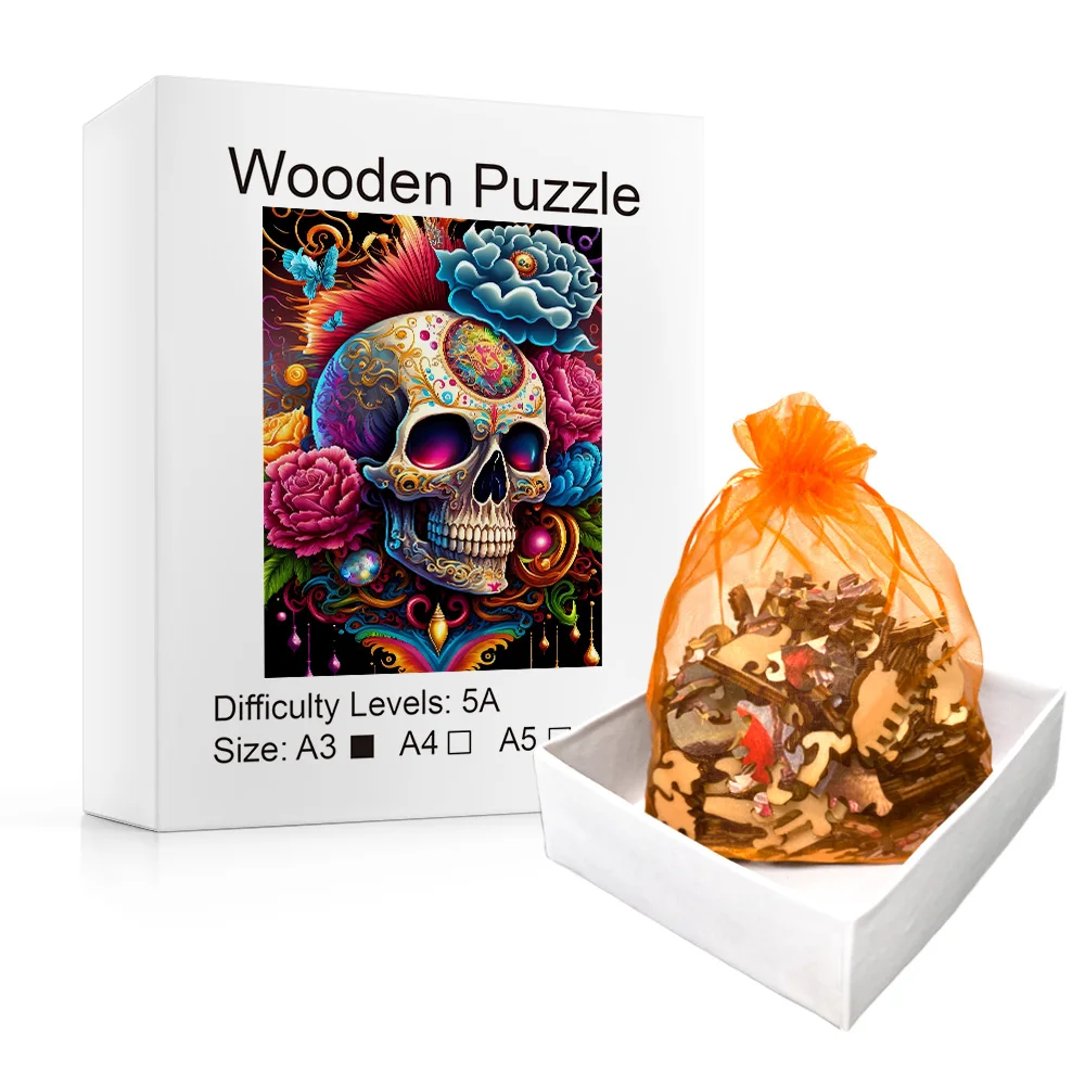 Wooden Jigsaw Puzzle  Skull  and Flowers  A5 Small Size Appx. 5.83 x 8.27 - £11.79 GBP