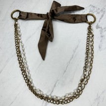 Gap Vintage Brown and Gold Tone Faux Pearl Multi Strand Ribbon Tie Necklace - £7.74 GBP