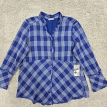 Habitat Womens Top Small Blue Button Up Plaid Long Sleeve Gauzy Lagenlook - $39.55