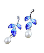 Blue Enamel Leaf Freshwater Pearl Drop Stud Earrings - $50.00
