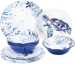 12 Piece Indigo Sea Life Melamine Dinnerware Sets, Outdoor Dishes Set, S... - $72.50