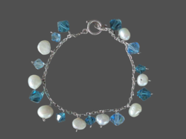 Blue Bicone Bead Dangle Pearl Bracelet 925 Sterling Silver Chain Toggle Closure - £17.40 GBP