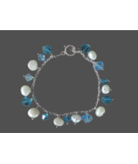 Blue Bicone Bead Dangle Pearl Bracelet 925 Sterling Silver Chain Toggle ... - £16.38 GBP