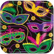 Colorful Mardi Gras Masks Beads 8 ct 7&quot; Cake Dessert Plates Paper Square - £2.99 GBP