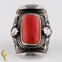 Sterling Silver .925 Ring Coral Stone Urn Trophy Design Unique Gift - £82.41 GBP