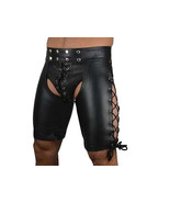 Waist 34 Men&#39;s Real Cowhide Leather Chaps Shorts Laces Up Chaps Cuir Sch... - $80.26