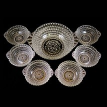 Vintage Diamond &amp; Beaded Pressed Glass Berry Bowl Set 1 Large + 6 Small JRB - $34.70