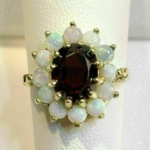 2.50 Ct Simulated  Red Garnet &amp; Opal Halo Engagement Ring 925 Silver Gold Plated - £76.60 GBP