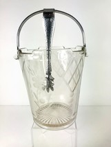 Vintage Etched Clear Glass Ice Bucket Hammered Chrome Handle Tongs Bar Drinks - £19.77 GBP