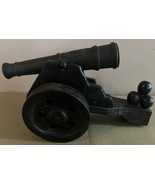 Vintage Wooden Model Cannon W/ Coat Of Arms, Cannon Balls, &amp; Moving Wheels - $23.14