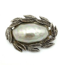 DIMPLED faux pearl &amp; leaf wreath brooch - vintage light gray oval 2&quot; sil... - $13.00