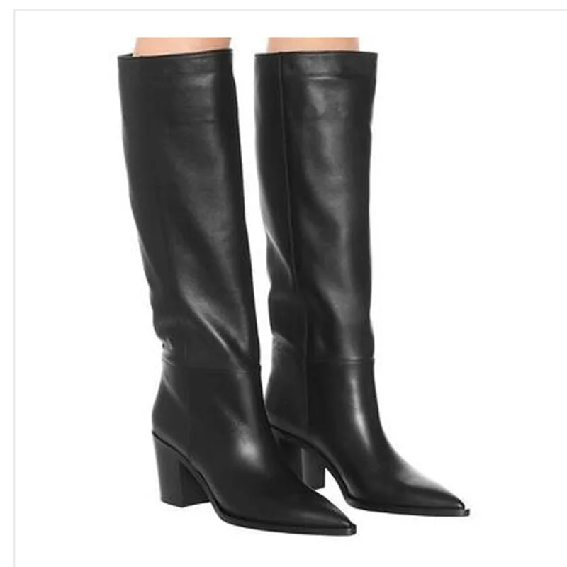 Hion knee boots pointed toe thick high heel slip on cowboy shoes solid color party thumb155 crop