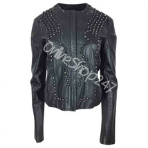 New Women Unique Full Black Studded Embellished Design Punk Leather Jacket - $279.99