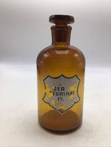 Apothecary Bottle Glass Amber Brown Stopper Label 7&quot; SerFedrinat Antique Vintage - £46.99 GBP