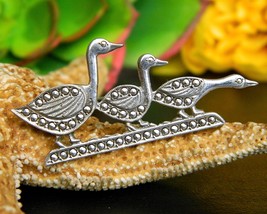 Vintage Trio Ducks In A Row Sterling Silver Marcasite Brooch Pin Geese - $26.95