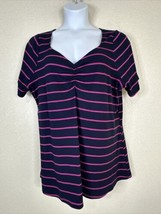 Lane Bryant Women Plus Sz 22/24 (2X) Navy/Fusha Stripe Rib Knit Top Short Sleeve - £11.83 GBP