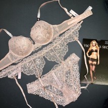 Victoria&#39;s Secret 34A Bra Set+Garter Belt+M Panty Beige Silver Shine Strap Lace - £110.43 GBP