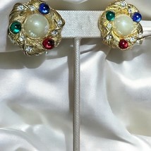 Vintage Clip On Earrings Button Gold Colorful Rhinestone Elegant New Gif... - $298.75 MXN