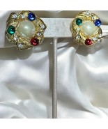 Vintage Clip On Earrings Button Gold Colorful Rhinestone Elegant New Gif... - $296.47 MXN