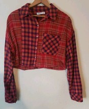Arizona Red Plaid Patchwork Cropped Long Sleeve Flannel Shirt  MEDIUM Bo... - $13.98