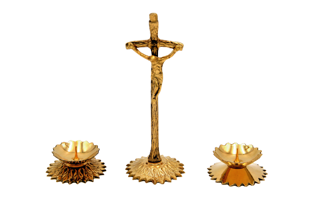 5.5&quot; Engraved Brass Prayer Corner Altar Crucifix 2 Candleholders Set 3 P... - $14.90