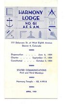 Harmony Lodge No 61 A F &amp; A M Denver Colorado Brochure 1959 - $17.82