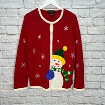 Vintage Hampshire Studio Snow Christmas Cardigan Size L Snowman Red Sequin  - £38.66 GBP