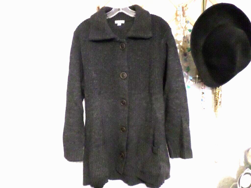 Primary image for J. JILL Wool Dark Gray Textured Knit Sweater Coat Sz Large Button-up w/ Pockets