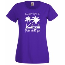 Womens T-Shirt Sunset Beach Palms &amp; Bungalows, Quote Another Day Paradis... - £19.32 GBP