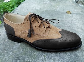 Handmade Men Beige Suede Black Genuine Leather Wing Tip Brogue Toe Laceup Shoes - £110.00 GBP