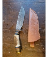10&quot; Damascus Steel Hunting Skinning Knife Stag Handle With Leather Sheath - $726.19 MXN