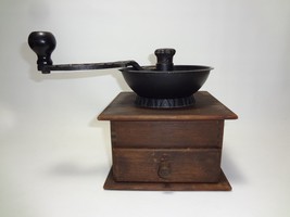 Vintage Olde George Thompson Coffee Mill Grinder Wood Box Iron Handle Hopper - £27.42 GBP