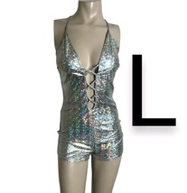Silver Holographic Metallic Cami Cut Out Stetchy Bodycon Mini Romper~Size L - $24.50