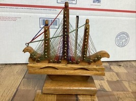Mid Century String Art Sailboat Ship Wooden Free Standing 7x7 Inch Handcrafted - £15.15 GBP