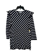 Crown &amp; Ivy Women&#39;s Top Striped 3/4 Sleeve Ruffle Side Slits Black Medium NWT - £13.42 GBP