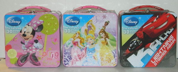 Primary image for Walt Disney Character Mix Sticker Carry All Tin Tote Lunchboxes Set of 3 SEALED