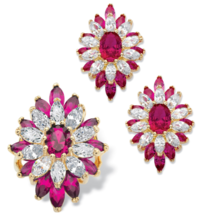 OVAL MARQUISE CUT RED RUBY CZ FLORAL GP SET 14K GOLD STERLING SILVER - $199.99