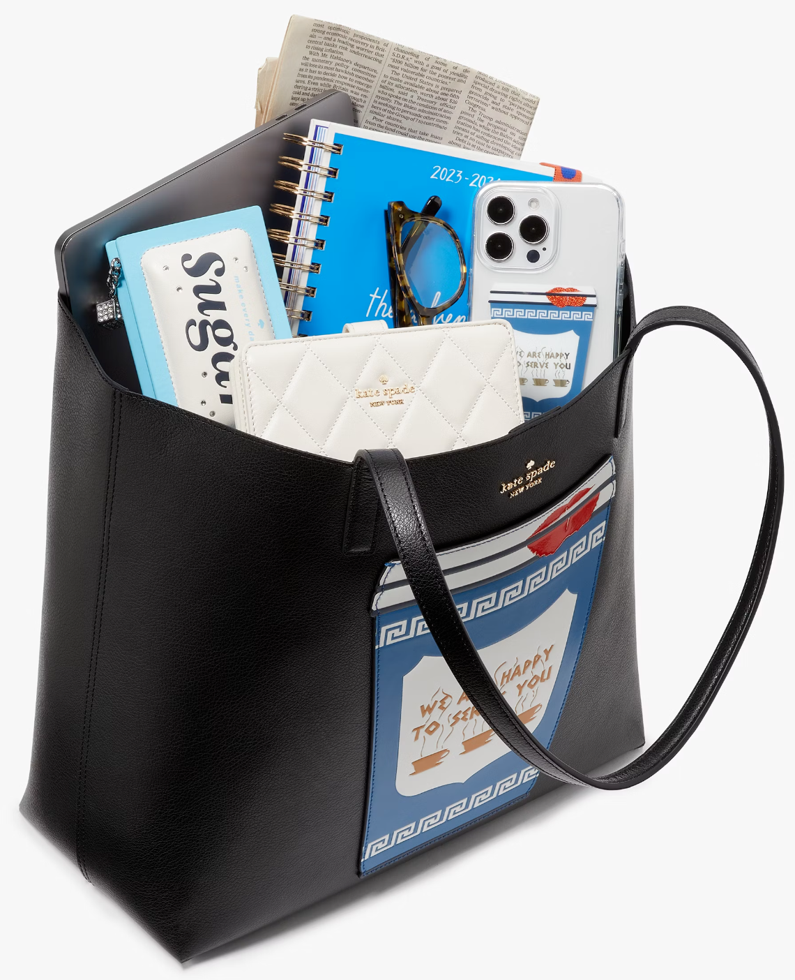 NWB Kate Spade Coffee Break Black Leather Large Tote KF520 $399 MSRP Gift Bag FS