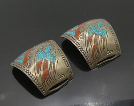 NAVAJO ZUNI 925 Sterling Silver - Vintage Turquoise &amp; Coral Watch Straps- TR2462 - £206.58 GBP