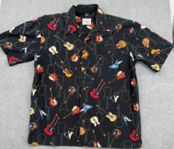 Men’s Electric Guitar Print Button Up Shirt Large Black Short Sleeve Music - $24.74