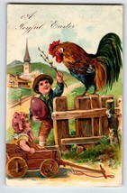 Easter Postcard Girl In Wood Cart Boy Church Rooster Large Egg Unused Embossed - £13.59 GBP