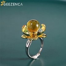 S925 Silver Blue Amber Women&#39;s Ring Rotatable Lotus Flower Double Colors Electro - £111.02 GBP