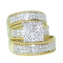 Wedding 14K Yellow Gold Over 925 Silver Engagement Trio His Her Bridal Ring Set - £104.20 GBP