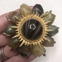 Natural Stone Agate Brooch Gold Tone Atomic Starburst - $27.00