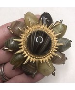 Natural Stone Agate Brooch Gold Tone Atomic Starburst - £21.33 GBP