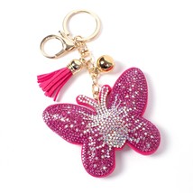 Bling Crystal Butterfly Tassel Keychain Keyring Bag Charm Pink - £10.98 GBP