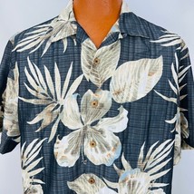 Caribbean Hawaiian Aloha L Shirt Palm Leaves Plumeria Hibiscus Gray Trop... - £31.69 GBP