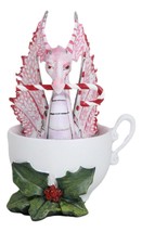 Ebros Amy Brown Holiday Holly Peppermint Candy Cane Pink Dragon In Tea Cup - £27.17 GBP