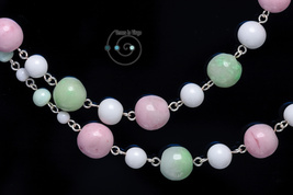 wire wrapped boho necklace with vintage glass beads, white, pink, green, ooak - £16.88 GBP