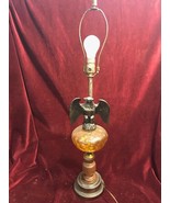 Vintage BRASS American Bald Eagle LAMP Orange GLASS Wood BASE w/ Harp - £77.89 GBP